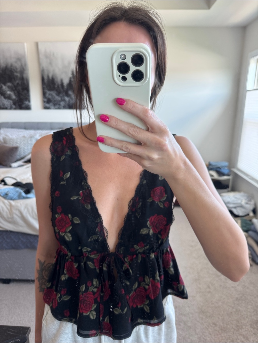 Garage Black Floral Lace-Trim V-Neck Camisole
